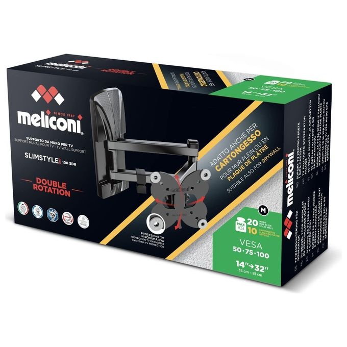 Meliconi 480979 SLIMSTYLE PLUS 100 SDR CG Supporto TV da Parete 14'' 32'' 20 Kg VESA 100x100 mm colore Nero