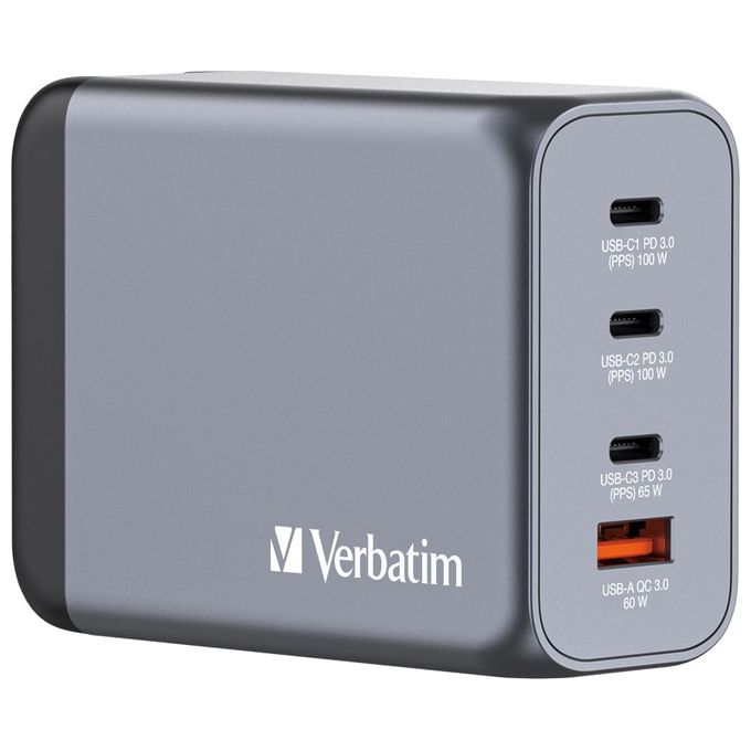 Verbatim 32204 GNC-200 Caricatore GaN 200W con 3 USB-C 1 USB-A Ricarica Rapida Quick Charge 3.0 PD PPS colore Nero Grigio