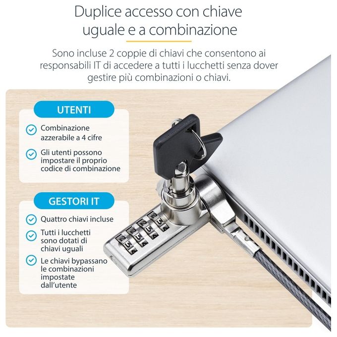 StarTech.com DUALKA10-LAPTOP-LOCK Cavo di Sicurezza per Notebook a Duplice Accesso 2 m con Chiave Identica e Combinazione a 4 Cifre Resettabile Colore Nero