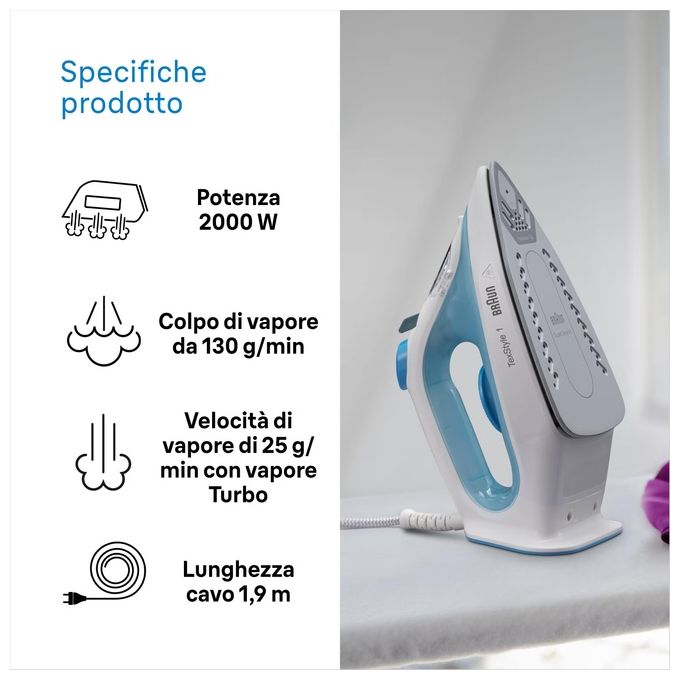 Braun TexStyle 1 Ferro da Stiro a Secco e a Vapore Ceramica 2000W Blu-Bianco