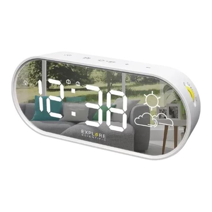 Explore Scientific RDC2002W Orologio Display a Specchio con Previsioni Meteo e Temperatura Interna Controllo Luminosita' 3 Livelli Interfaccia Soft Touch Alimentazione 5V DC e Batterie AAA Colore Bianco