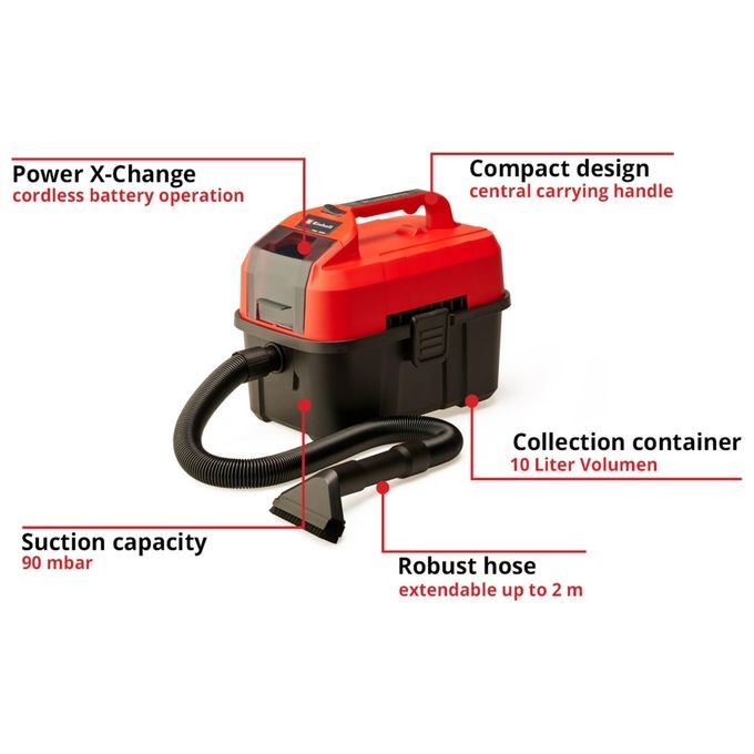 Einhell Aspiratutto A Batteria Te-Vc 18-10 Li (Batteria Non Inclusa)