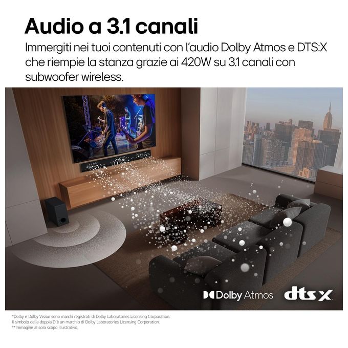 LG SG10TY Soundbar TV 3.1 Canali 420W Dolby Atmos Wi-Fi Subwoofer Wireless Design a Filo Muro 3.25cm colore Nero