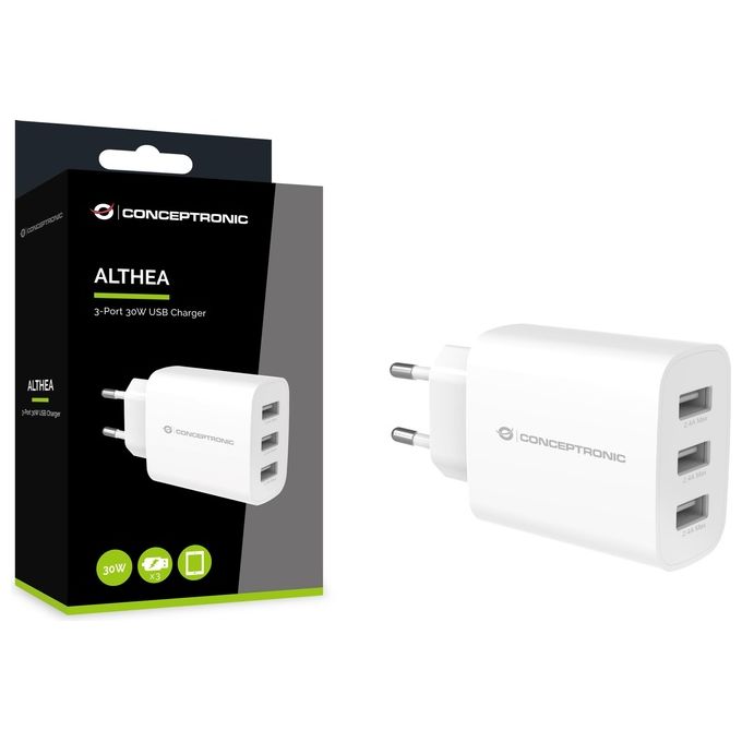 Conceptronic ALTHEA13W Caricabatterie USB 3 Porte 30W Universale AC Interno colore Bianco