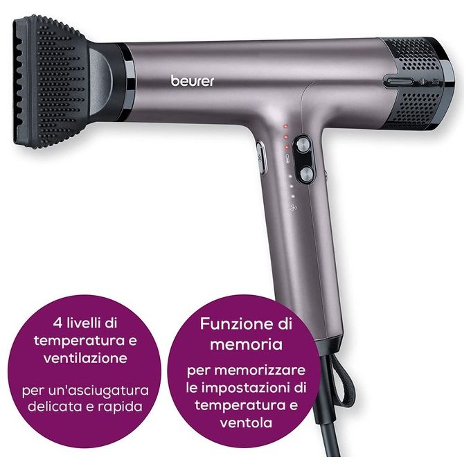 Beurer HC 100 Asciugacapelli 1700 W Ionico 4 Velocita' 4 Temperature Diffusore e Concentratore inclusi colore Viola