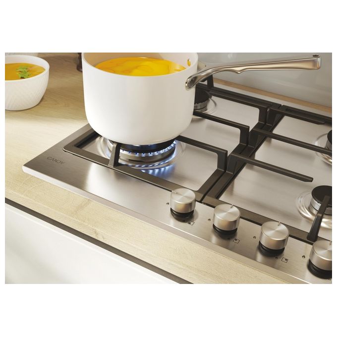 Candy CHG6BF4WTX Moderna Piano cottura a Gas 60 cm 4 Fuochi da incasso Griglie in Ghisa colore Acciaio inox