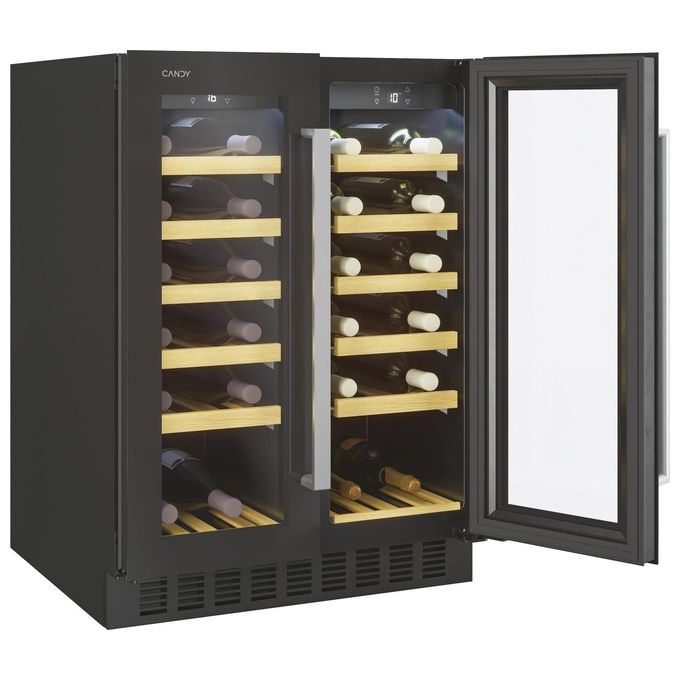 Candy CCVB 60D-1 DiVino – Cantinetta Vino da Incasso 38 bottiglie, 2 zone, Classe G, 39 dB, ripiani legno, colore Nero