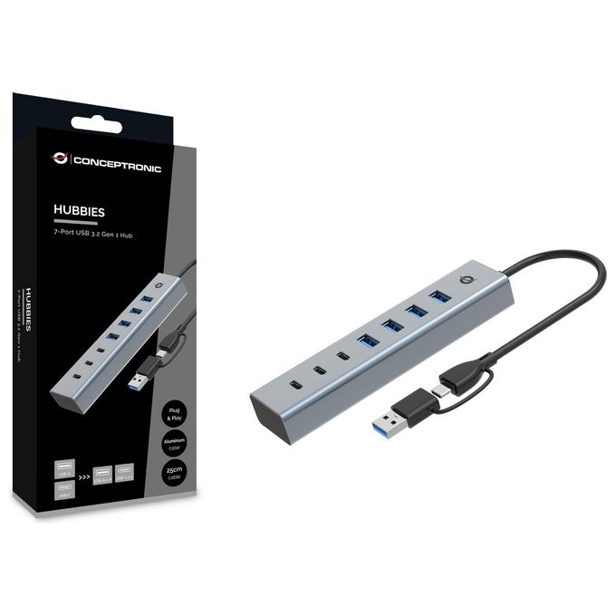 Conceptronic HUBBIES20G Hub USB 3.2 Gen 1 a 7 porte 4 x USB-A 3 x USB-C 5 Gbps con cavo host ibrido 2-in-1 alimentazione USB-C 5V-3A colore Grigio