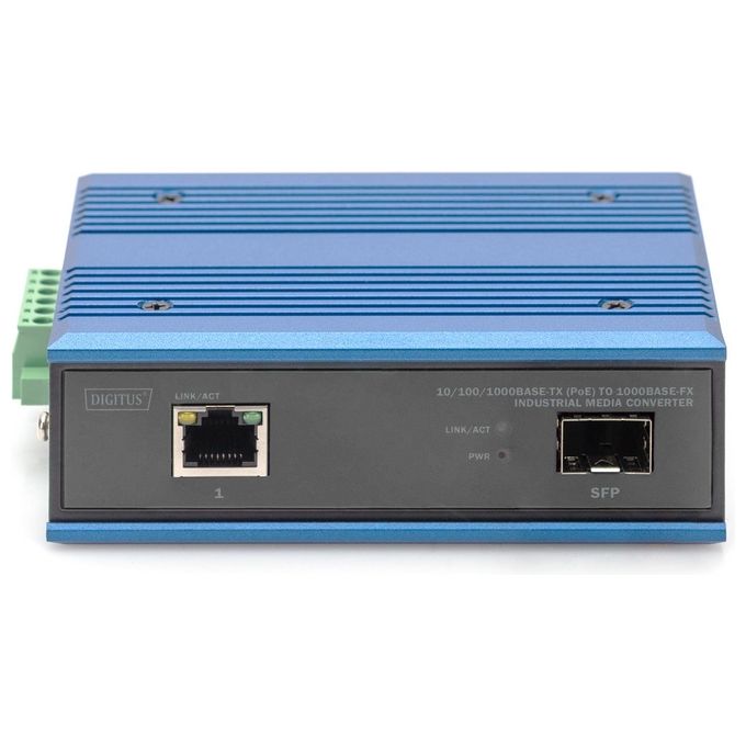 Digitus DN-95366 Convertitore Multimediale Industriale Gigabit PoE 1 porta RJ45 1 porta SFP 10-100-1000 Mbps 30W PoE Alimentazione Ridondante Montaggio su Guida DIN IP40 colore Nero Blu