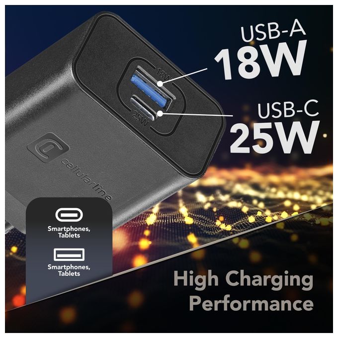 Cellularline ACHSMUSB2PD25WK Dual Super Fast Charger Caricabatterie da Rete 2 Porte USB USB-C 25W colore Nero
