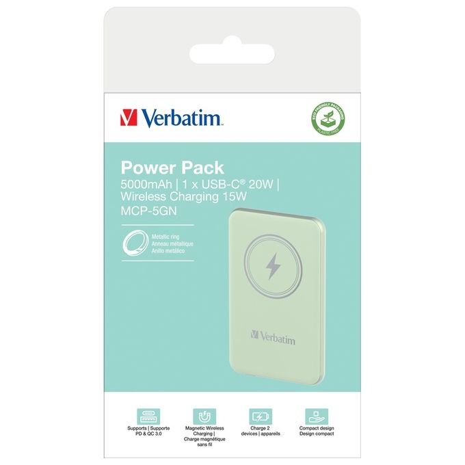 Verbatim 32241 Charge 'n' Go Power Bank Magnetico 5000 mAh 15 W Ricarica Wireless 20 W Power Delivery colore Verde