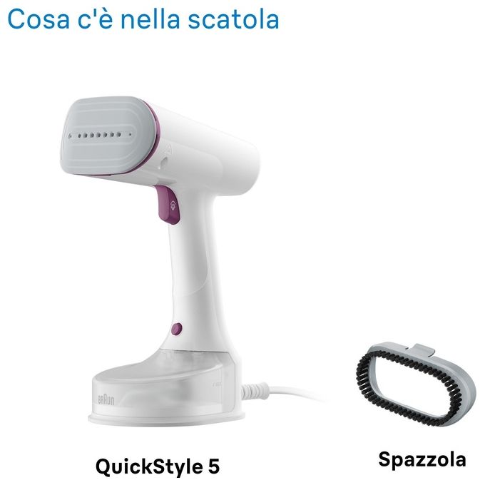 Braun GS5011PU QuickStyle 5 Stiratore Verticale 1200W Vapore 22 g-min Riscaldamento Rapido 45s Dual FreeGlide 3D colore Viola Bianco