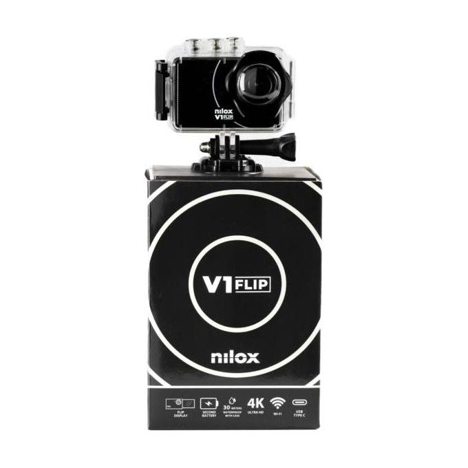 Nilox NXACV1FLIP01 V1 FLIP Fotocamera per Sport d'Azione 4K Ultra HD 4 MP CMOS Display LCD 2'' Flip-Out Custodia Impermeabile 30 m Batteria Doppia colore Nero