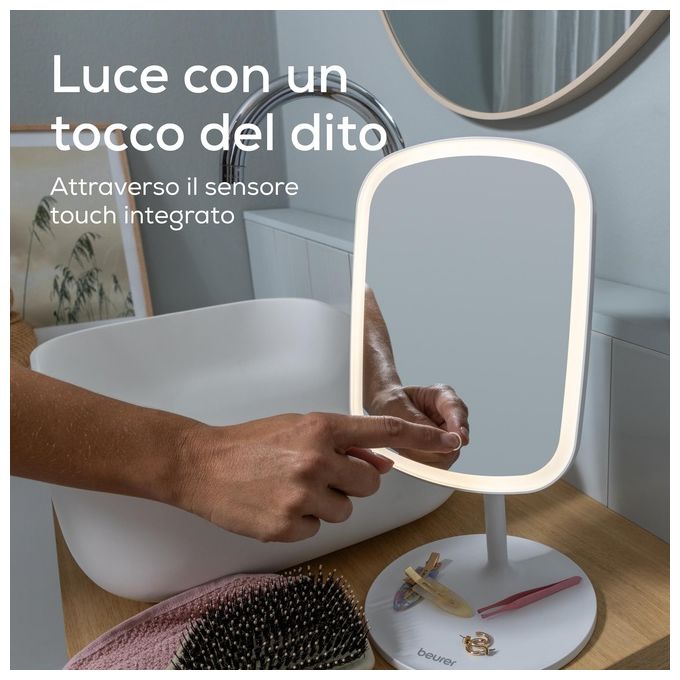 Beurer BS 47 Specchio cosmetico ricaricabile con 33 luci LED e pusante sensor touch -  Specchio con aggancio magnetico no zoom - 3 luci impostabili (calda fredda e naturale) - Con batteria agli ioni di litio per 3 ore di utilizzo senza fili - Funzione d