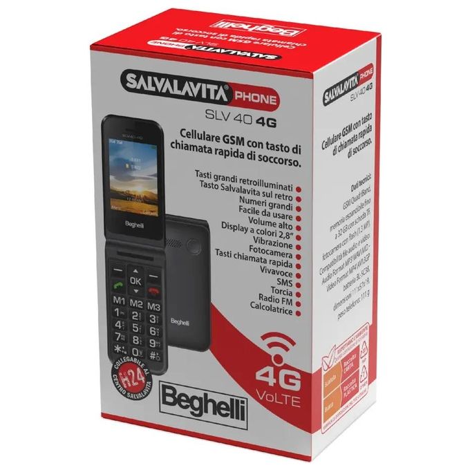Beghelli SLV40 4G Salvalavita Phone Cellulare Senior a Conchiglia Flip 2.8'' Tasto SOS Vivavoce Radio FM colore Nero