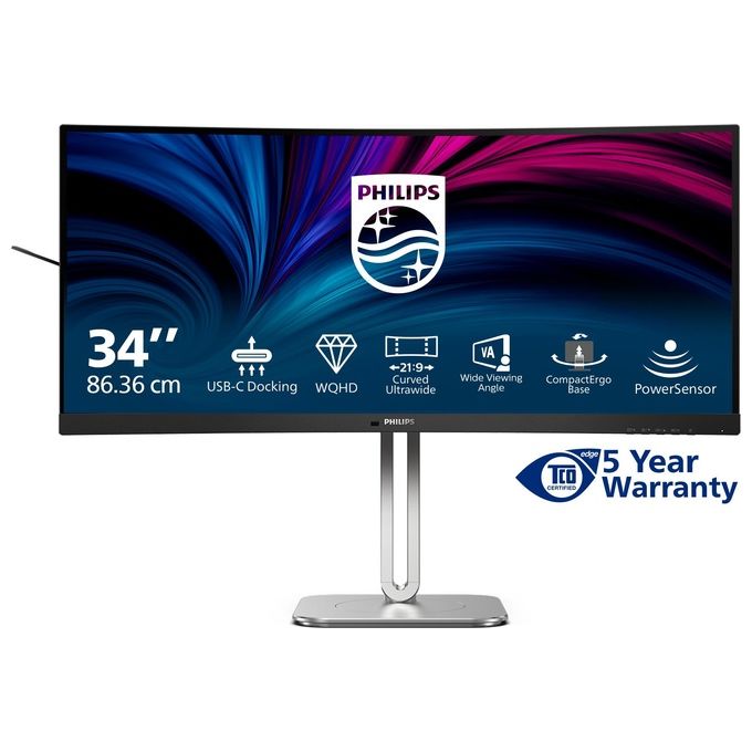 Philips 34B2U5600C 5000 Series Monitor PC Curvo 34'' UWQHD 3440x1440 120Hz VA USB-C 100W RJ45 Hub USB KVM colore Grigio