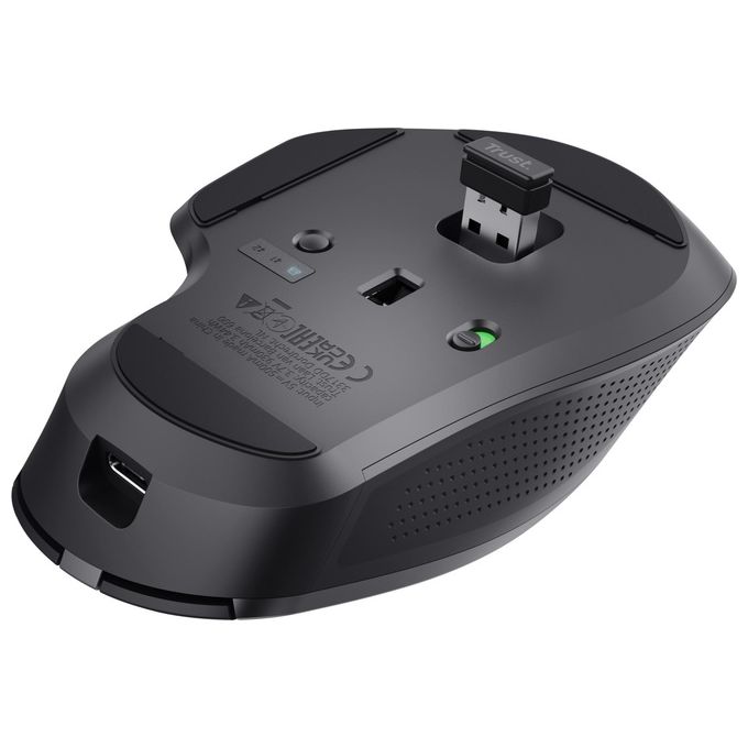 Trust 24820 Ozaa+ Mouse Wireless Multi-Dispositivo 6 Pulsanti Silenzioso 2 Rotelle Scorrimento Bluetooth 2.4GHz USB Type-C 60% Plastica Riciclata colore Nero
