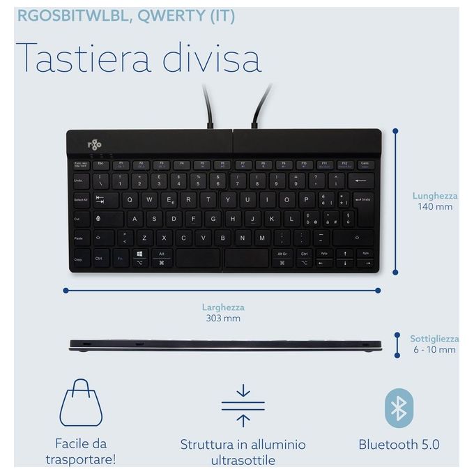R Go Tools RGOSBITWLBL R-Go Split Break Tastiera ergonomica split Bluetooth 5.0 QWERTY Italiano con software pause LED e design ripiegabile colore Nero