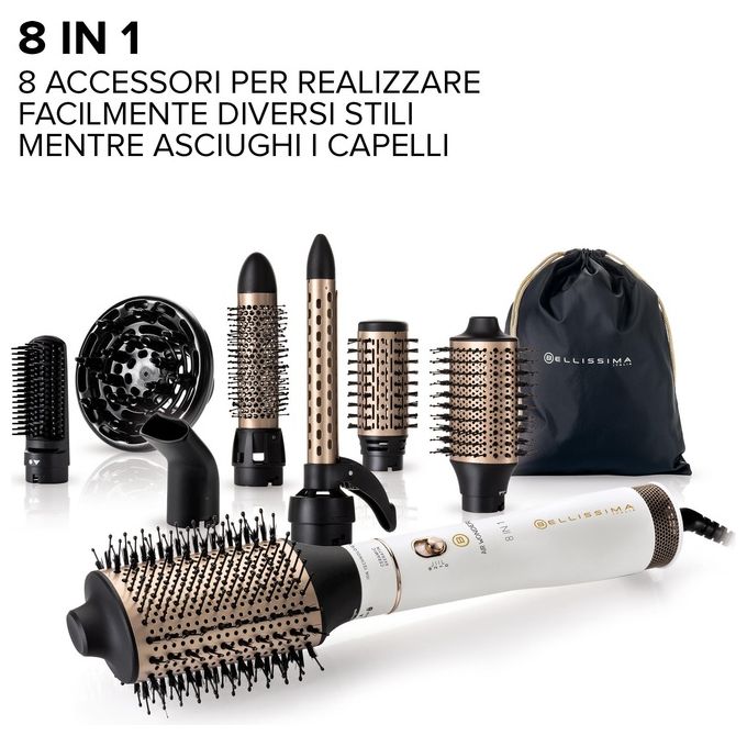 BELLISSIMA 11847A Air Wonder Spazzola ad Aria Calda 8 in 1 1000 W Tecnologia Ionica Ceramica e Cheratina 8 Accessori colore Bianco