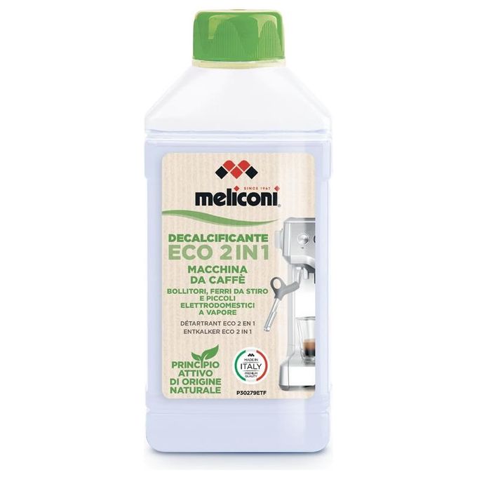 Meliconi Eco 2 in 1 Decalcificante - Liquido decalcificante e igienizzante per macchine da caffe' e piccoli elettrodomestici, compatibile con tutte le macchine espresso, flaconi da 2 × 250 ml, rimuove calcare e odori grazie a formula a base di acido latti