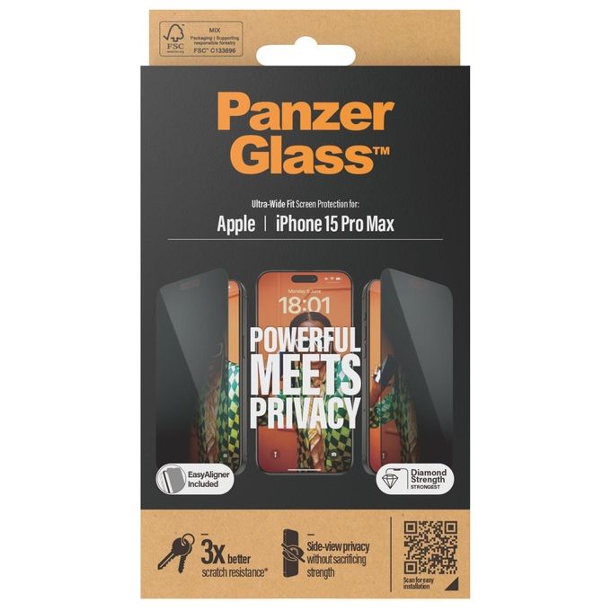 PanzerGlass P2812 Pellicola Privacy in Vetro Temperato iPhone 15 Pro Max Ultra-Wide Fit con Applicatore colore Trasparente