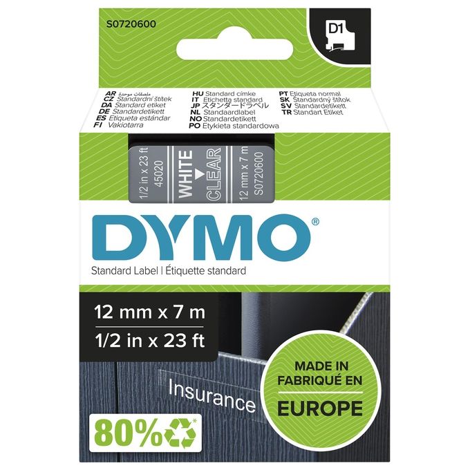 Dymo Nastro D1 12mmx7m Bianco Trasparente