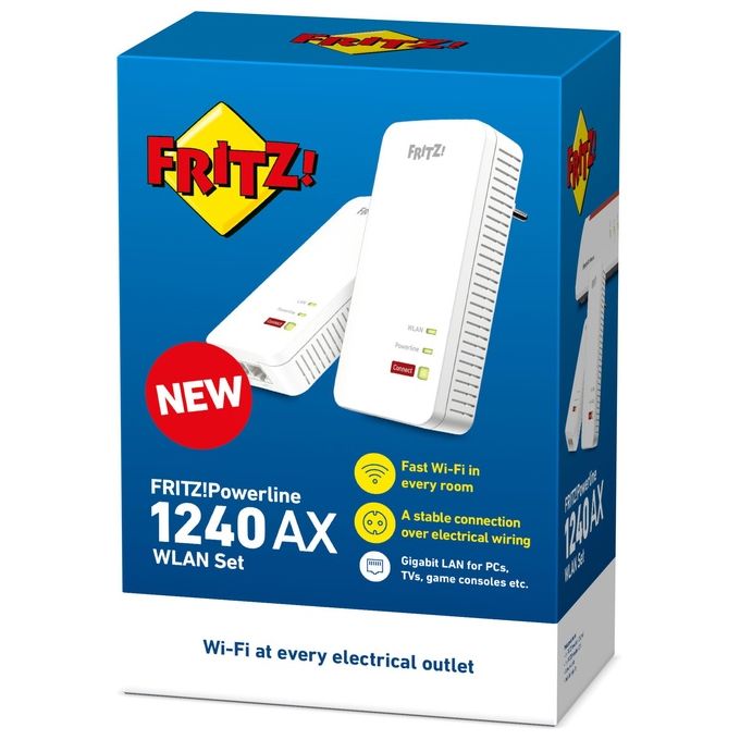 FRITZ! 20003038 Powerline 1240 AX Kit Adattatori Powerline Wi-Fi 6 1200 Mbit-s Gigabit Ethernet HomePlug AV2 2 pz colore Bianco