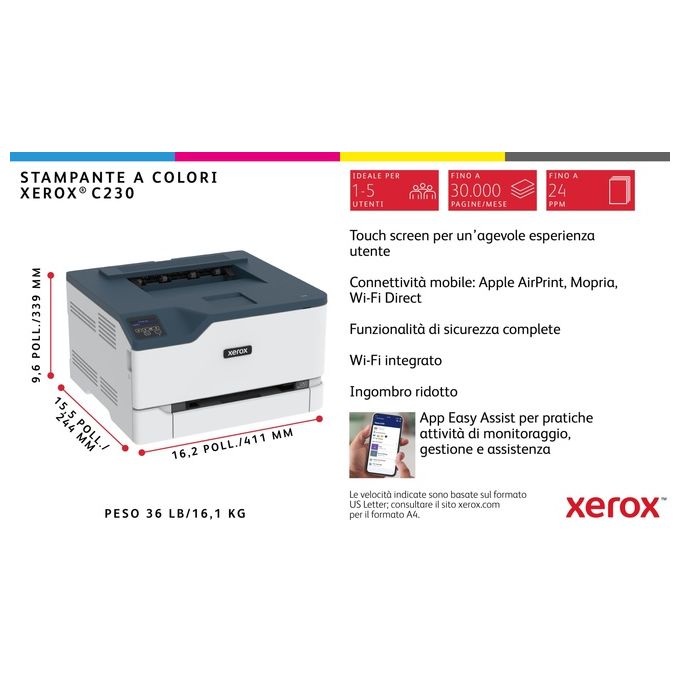 Xerox C230V_DNI C230 Stampante Laser A4 a Colori 22 ppm Fronte Retro Wi-Fi 2 Vassoi 251 Fogli colore Bianco Blu