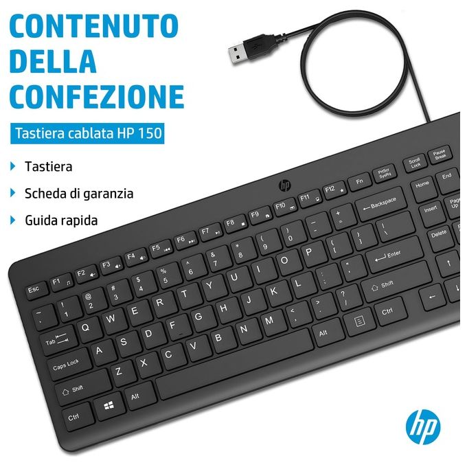 HP 664R5AA Tastiera Cablata 150 Full-size Layout Italiano USB-A 12 Tasti Funzione Plug and Play colore Nero