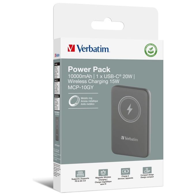 Verbatim 1261539 Charge 'n' Go Power Bank 10000 mAh con Ricarica Wireless Magnetica 15 W e USB-C PD 3.0 colore Grigio