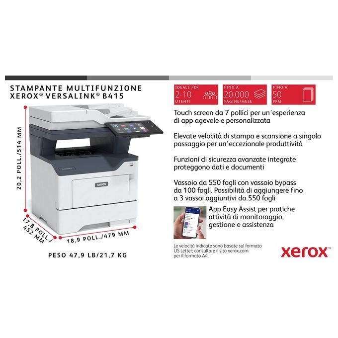 Xerox B415V_DN VersaLink Stampante Multifunzione Laser A4 47ppm Fronte Retro Copia Stampa Scansione Fax colore Nero