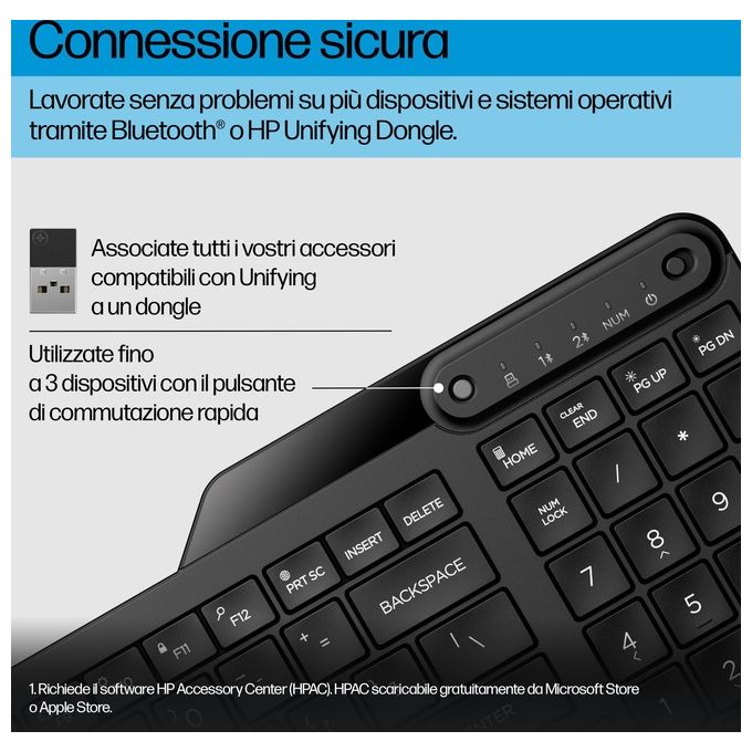 HP 7N7B9AA Tastiera Wireless Dual-Mode Full-size Bluetooth 5.3 Multi-dispositivo Layout 100% colore Nero