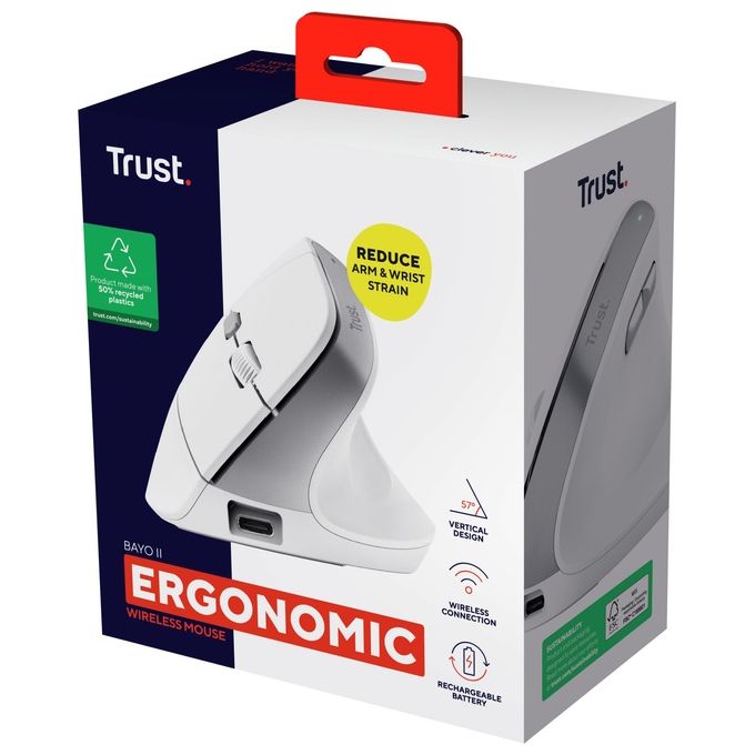 Trust BAYO II Mouse Ergonomico Verticale Wireless RF Ottico 2400 DPI Ricaricabile USB-C colore Bianco