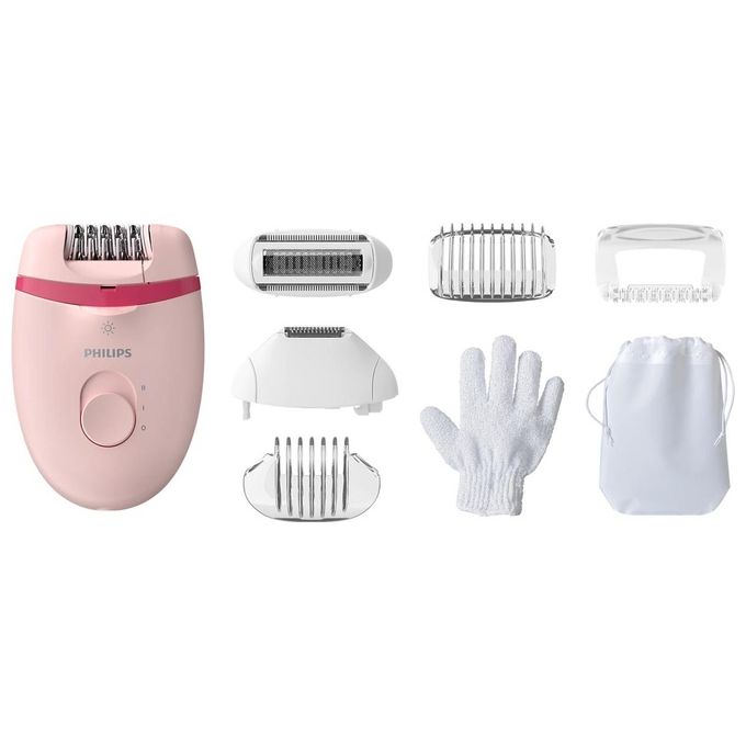 Philips BRE285-00 Satinelle Essential Epilatore Compatto con Filo Opti-light 2 velocita' 7 accessori colore Rosa