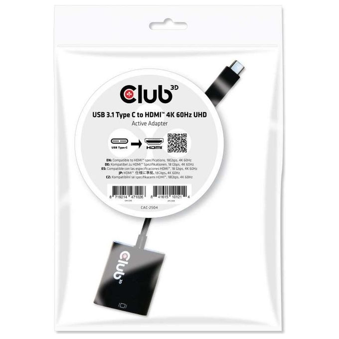 Club3d Adattatore Usb 3.1 Type C a Hdmi 2.0 Ultra Hd 4k 60hz
