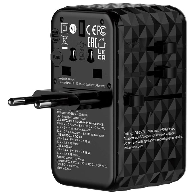 Verbatim 32125 GaN III Caricabatterie Universale da Viaggio 140W 4 Porte USB-C USB-A Power Delivery 3.1 Quick Charge 4+ colore Nero