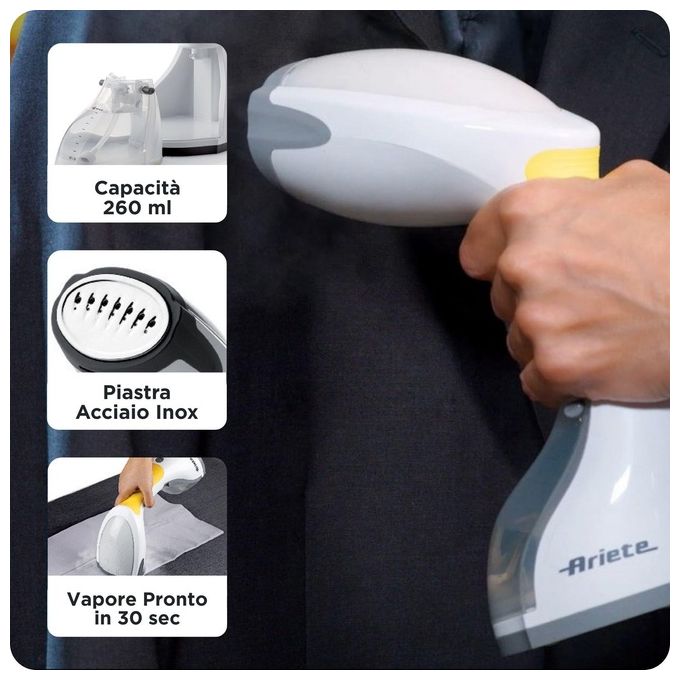 Ariete 4167 - Stiratrice Verticale Piastra in acciaio inox Vapore potente e continuo Spazzola pelucchi 1200W Capacita' 260ml Bianco-Grigio