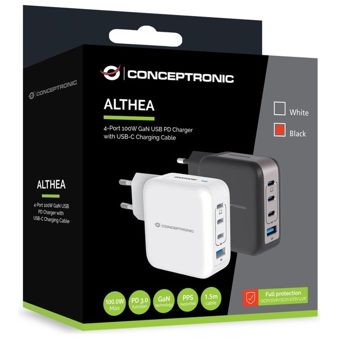 Conceptronic ALTHEA18B Caricatore USB 4 Porte 100 W GaN con Cavo USB-C 3 USB-C 1 USB-A PD 3.0 QC 3.0 PPS colore Nero
