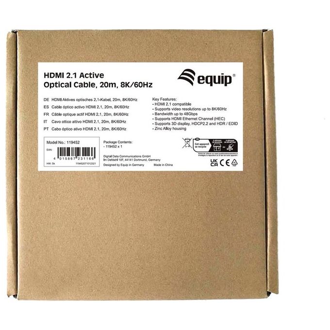 Equip 119452 Cavo ottico attivo HDMI 2.1 20 m 8K-60Hz 4K-120Hz colore Nero