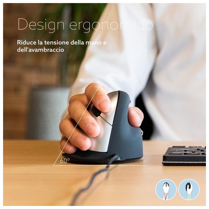 R Go Tools RGOHE Mouse Ergonomico Verticale per Destrorsi 5 Pulsanti 2400 DPI USB Tipo-A Nero