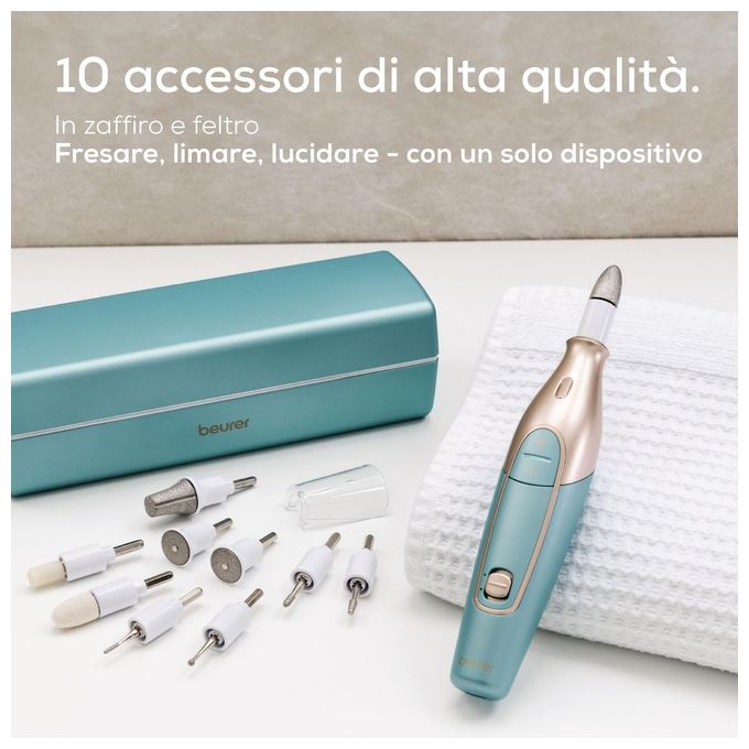 Beurer 57002 Set per manicure e pedicure MP 84 con 10 accessori in zaffiro e feltro velocita' regolabili 3.200 3.800 4.400 rpm batteria ricaricabile al litio colore Oro