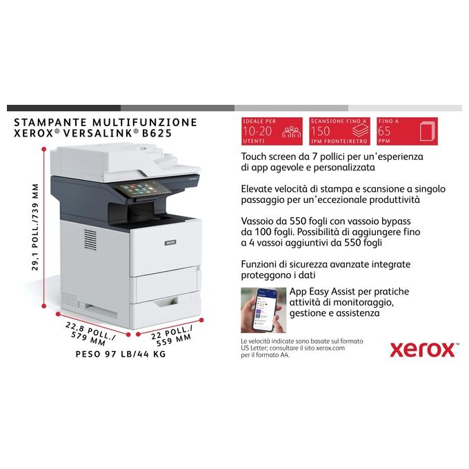 Xerox B625V_DN VersaLink Multifunzione Laser A4 65 ppm Touch Screen NFC ADF Fax Ethernet Gigabit colore Nero Grigio