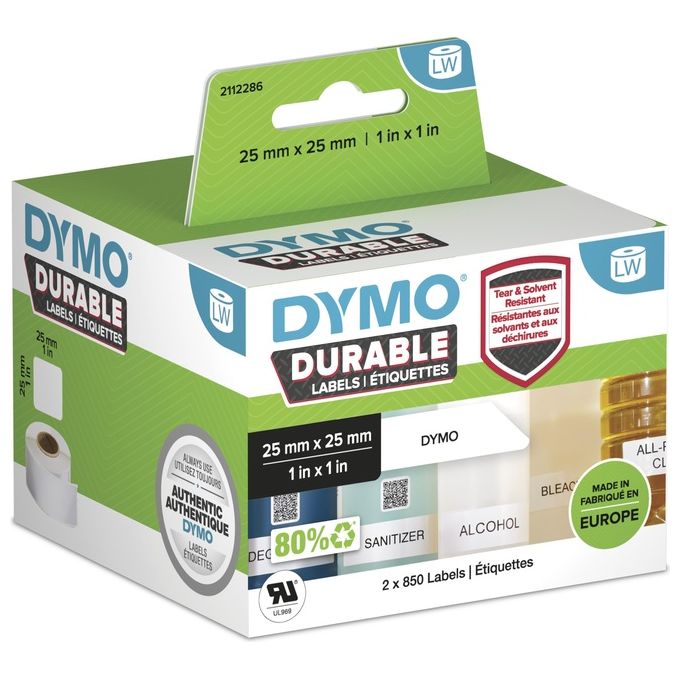 DYMO Etichette lw Durable Mutliuso 25x25 mm - Bianco - Permanente 850 Etichette x 2 Rotolo i