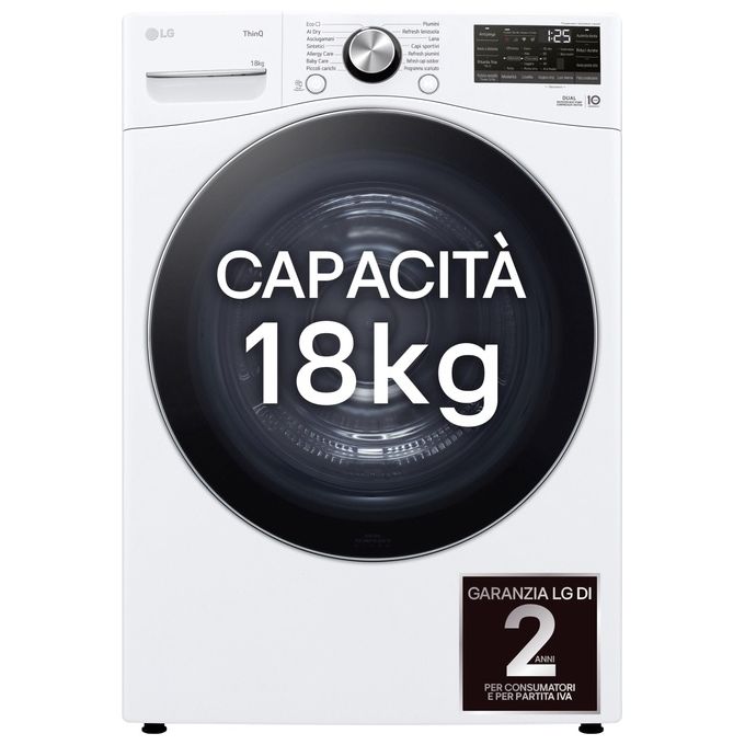 LG RH18U8AVCW Asciugatrice Pompa di Calore 18 Kg Classe D DUAL Inverter Direct Drive AI Dry Wi-Fi (99x77x82 cm) colore Bianco