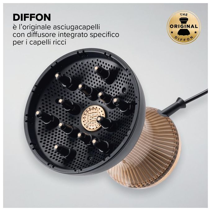 Bellissima 11824 Diffon Supreme Asciugacapelli 770 W Ceramica Argan Oil Ionico 2 Velocita' 3 Temperature Diffusore XL colore Nero Oro