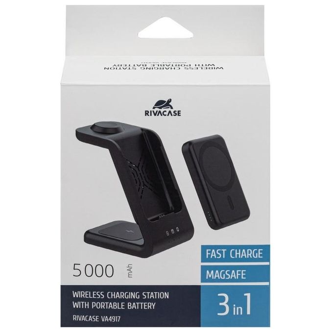 Rivacase VA4917 Caricabatterie Wireless Qi 3 in 1 MagSafe 15W Power Bank 5000 mAh Ricarica Rapida QC PD 20W colore Nero