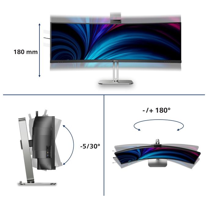 Philips 49B2U6903CH-00 Monitor PC Curvo 48.8'' Dual QHD 5120x1440 100Hz Webcam Integrata USB-C Docking Grigio