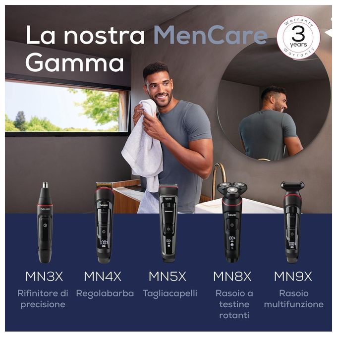 Beurer 10260 Regolabarba MN4X con 10 lunghezze di taglio da 3 a 12 mm e regolazione fine 0,8 e 1,2 mm colore Nero