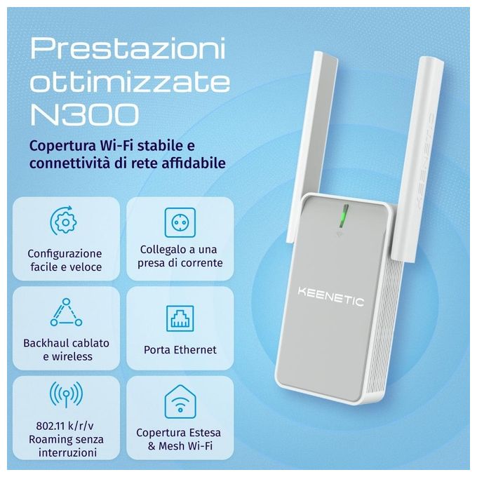 Keenetic Buddy 4 Range Extender WiFi N300 Abilitato per Mesh con Porta Fast Ethernet