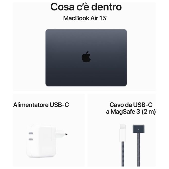 Apple MRYV3T-A MacBook Air 15'' Notebook Chip M3 CPU 8-core GPU 10-core 8 GB RAM 512 GB SSD macOS Sonoma colore Mezzanotte